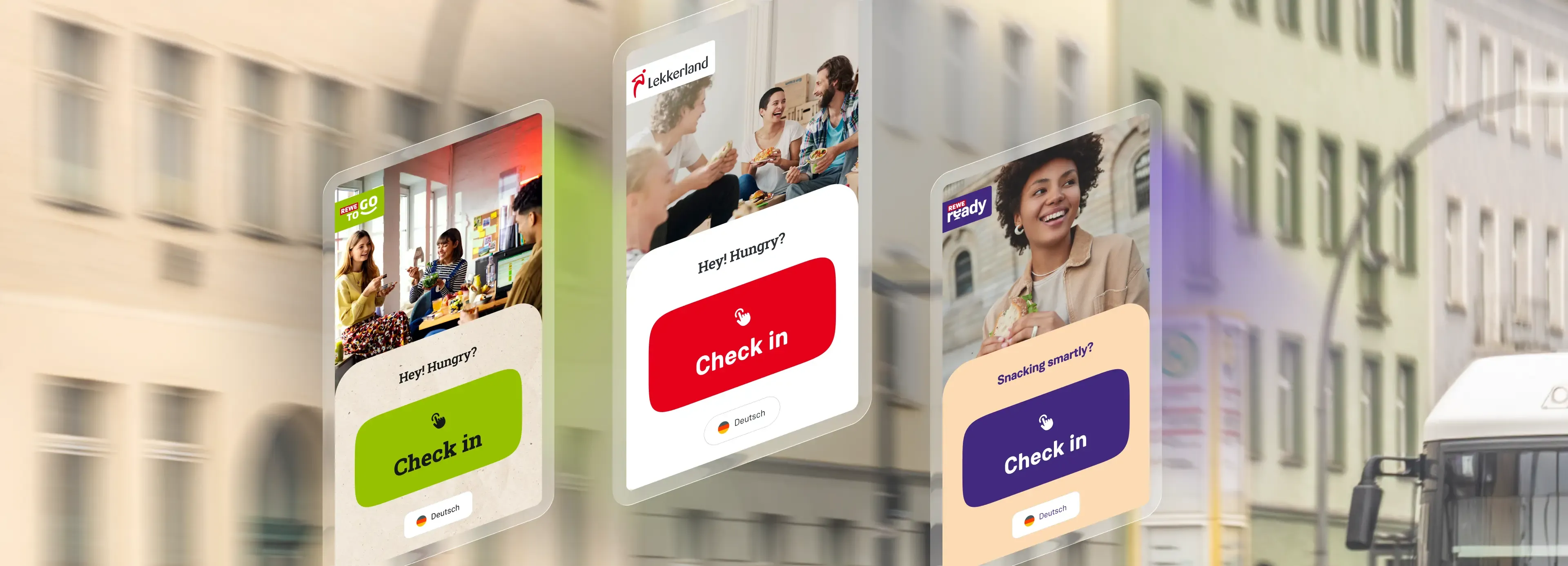 Three Lekkerland Check in UI variants REWE TO GO green Lekkerland red REWE ready purple set against blurred city street