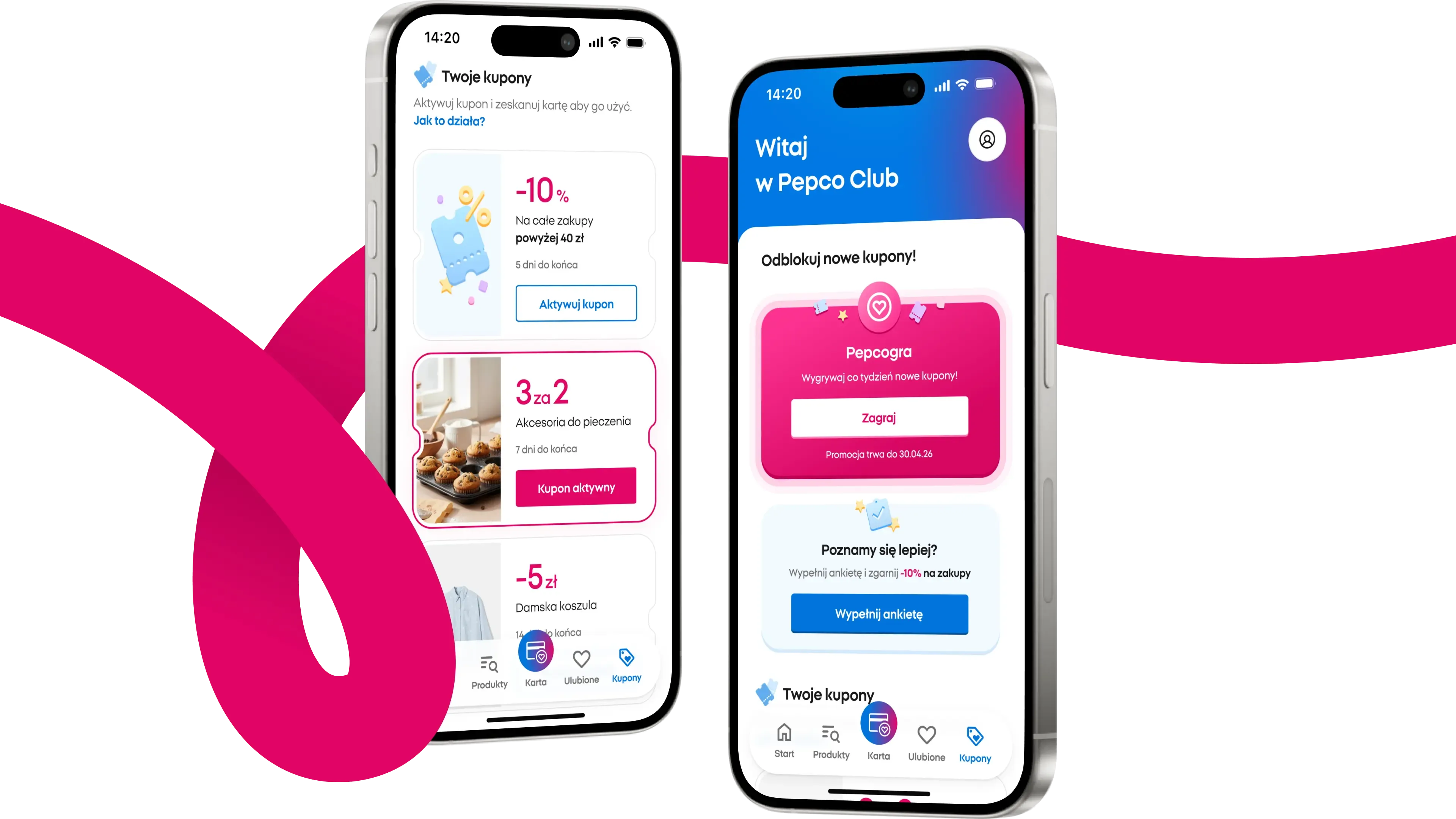 PEPCO Club app UI showing "Your Coupons" with 3-for-2 deals, a "Pepcogame" reward section, and a profile survey for discounts