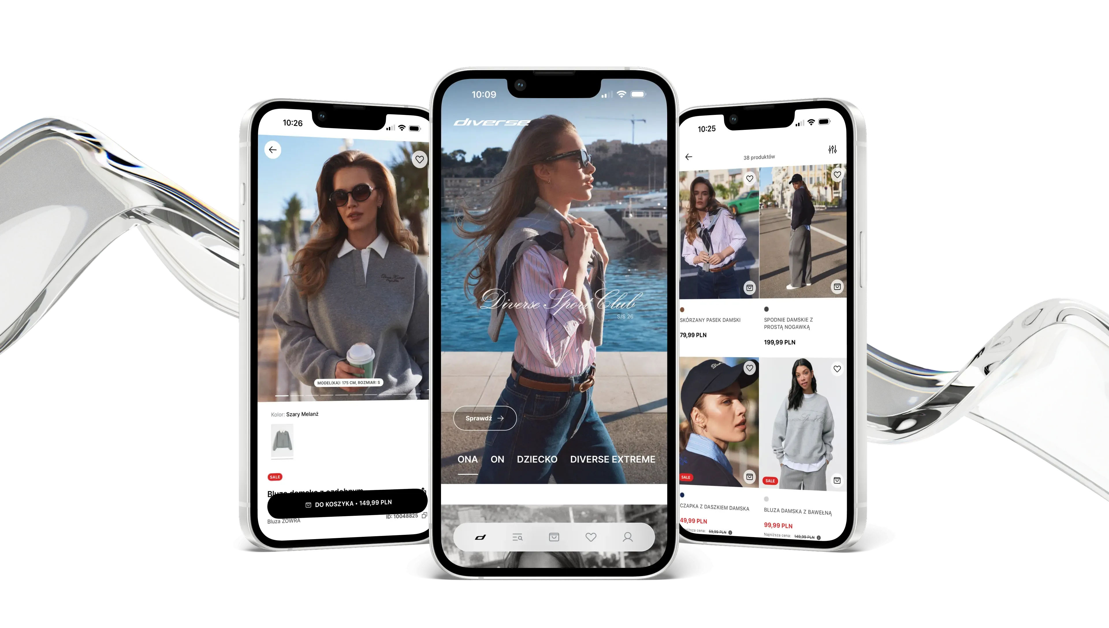 Three iPhones with Diverse e-commerce app product page Sport Club homepage and fashion catalog chrome ribbon accents