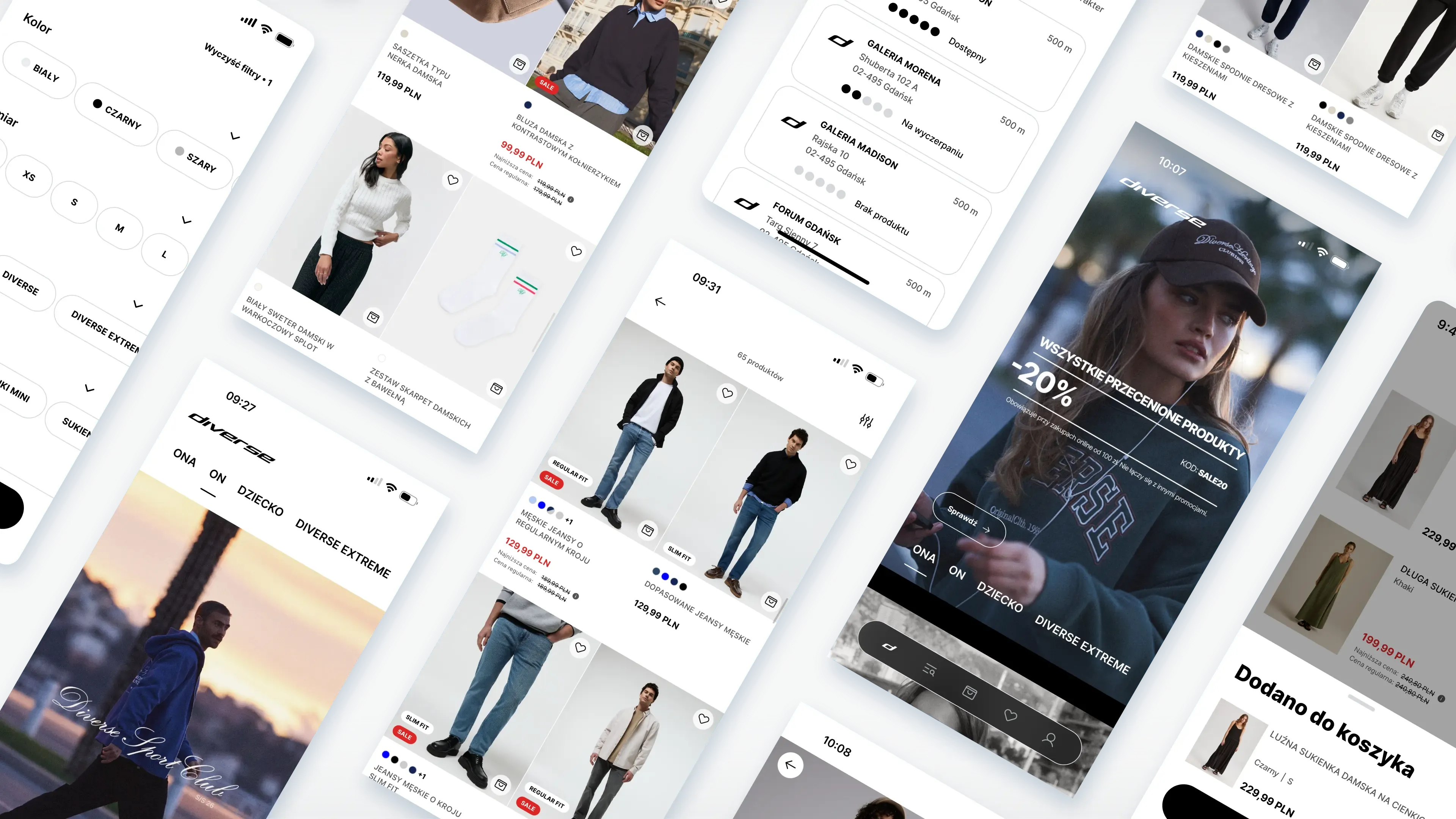 Diverse fashion app mobile screens product catalog store locator minus 20 percent promo code SALE20 isometric mockup