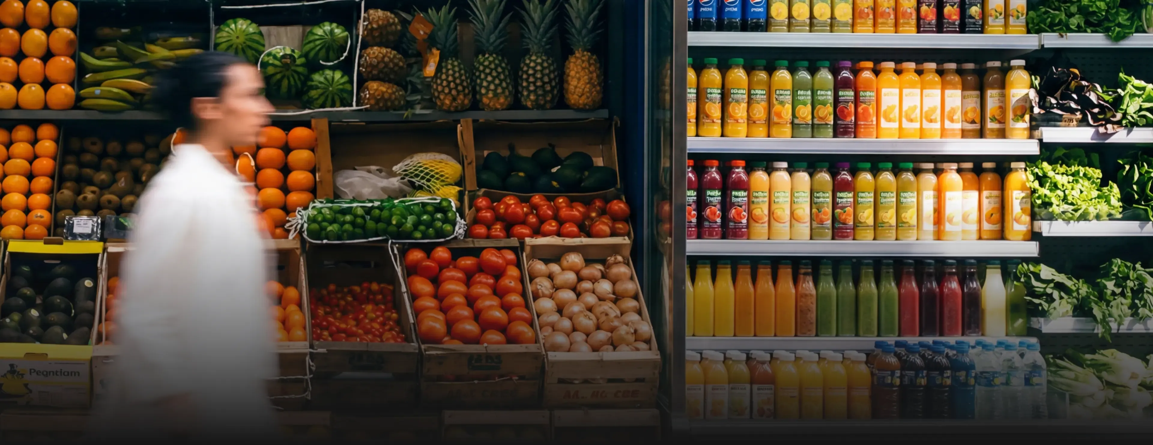 Supermarket produce aisle with tropical fruits, vegetables and juice shelves. Motion-blurred shopper in foreground