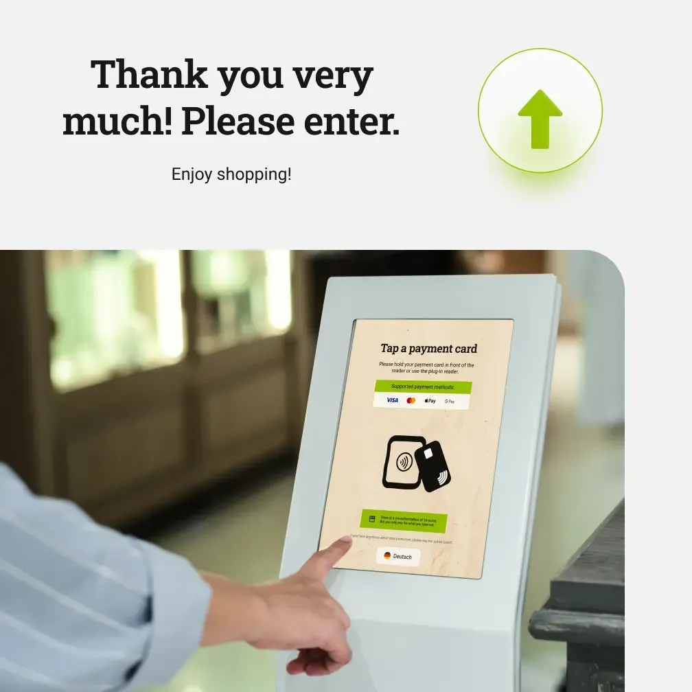 Kiosk screen 'Tap a payment card' with Visa, Mastercard, Apple Pay, Google Pay. Warm kraft-paper UI