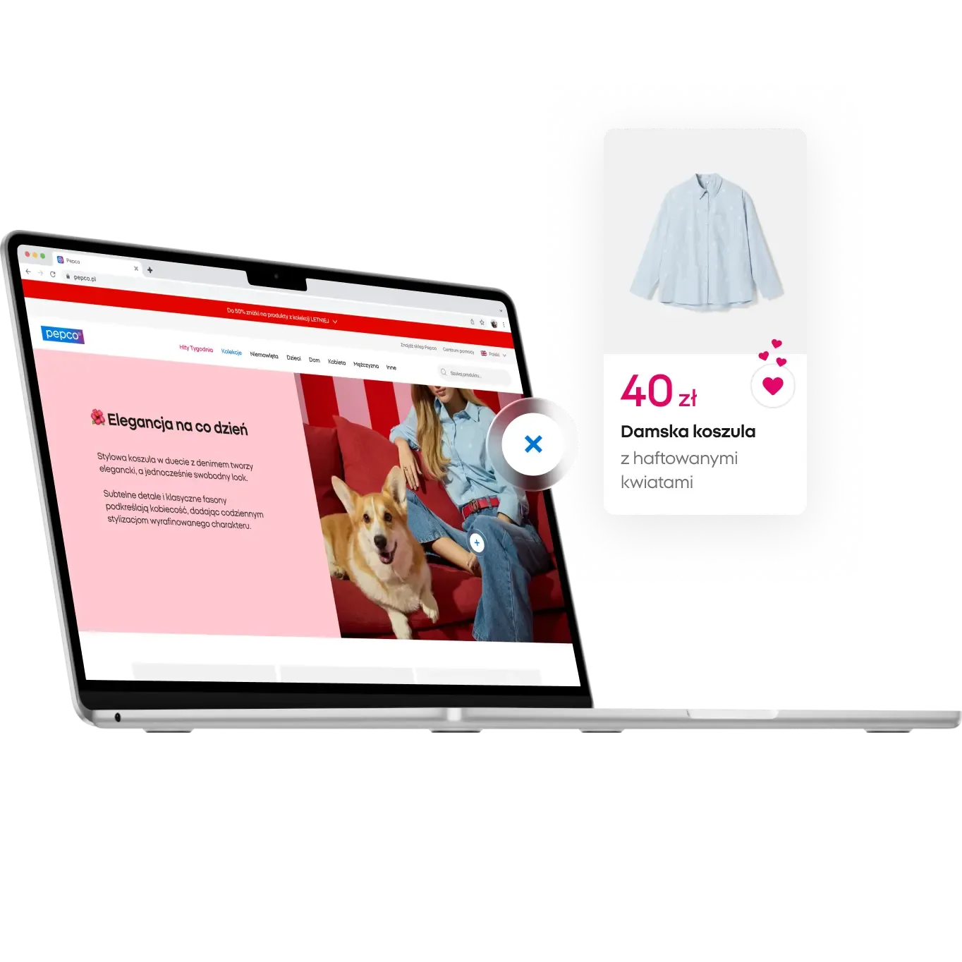 Laptop displaying PEPCO website "Everyday Elegance" banner. Product card shows a blue floral shirt for 40 PLN and a corgi dog