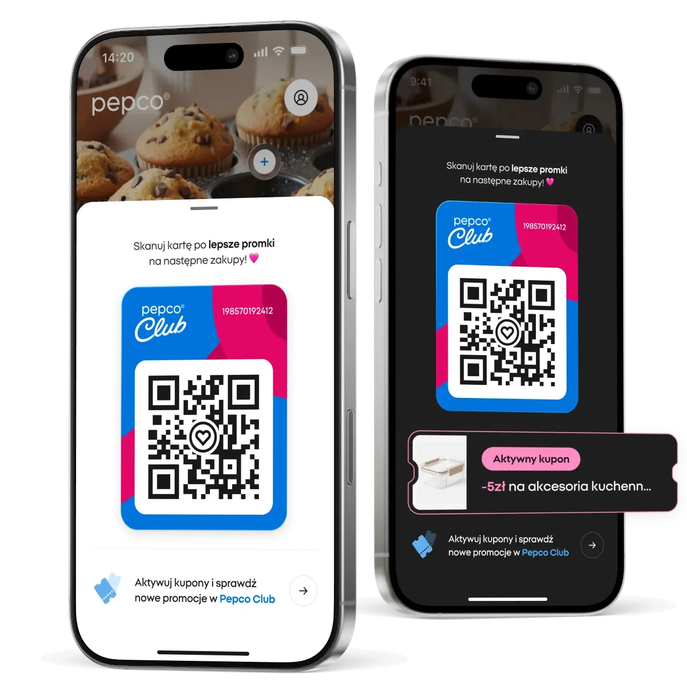 Smartphones featuring the PEPCO Club app with a loyalty QR code and an active -5 PLN discount coupon for kitchen accessories