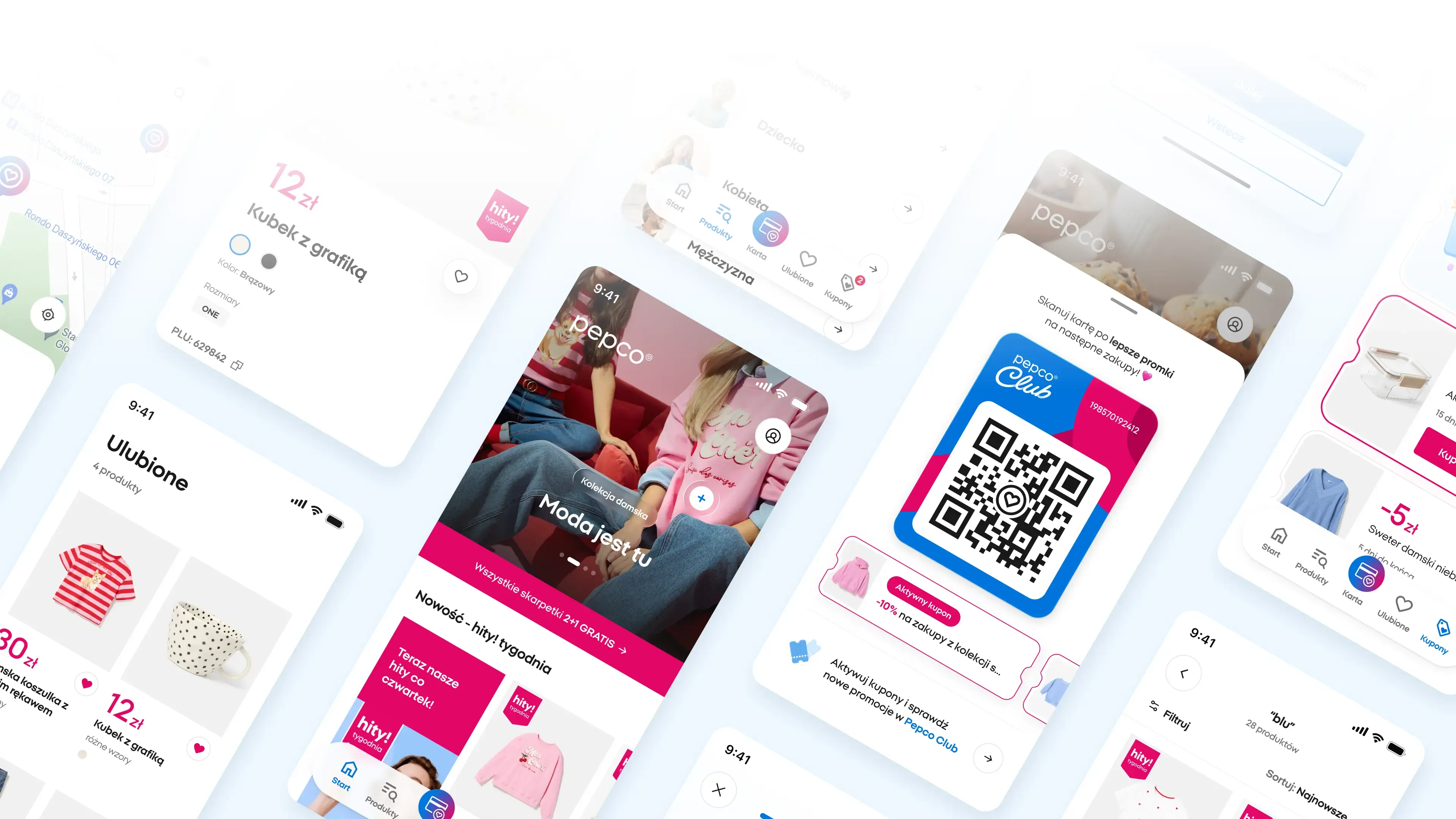 Isometric collage of PEPCO mobile app screens - store locator map, Club QR card, favorites list, and Weekly Hits fashion offers