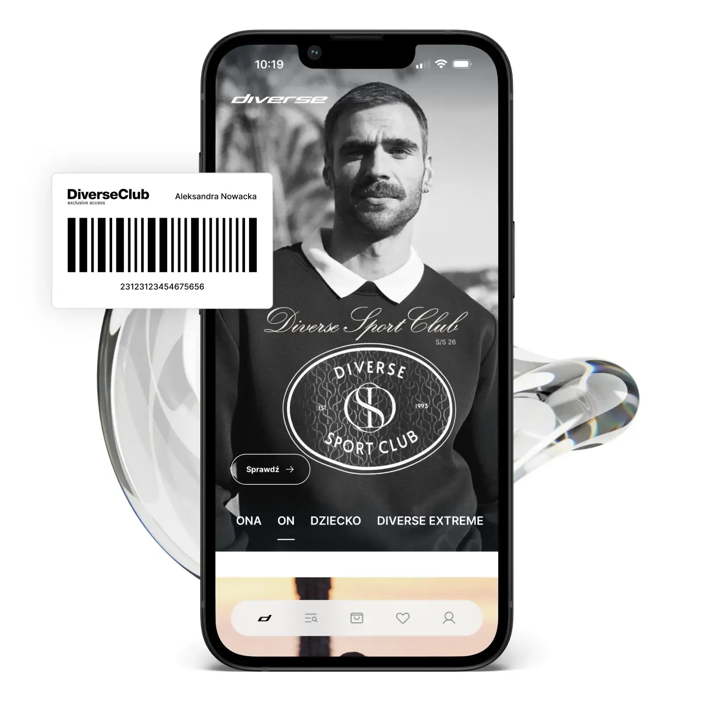 Diverse Sport Club SS26 app on iPhone with DiverseClub loyalty card barcode and monogram hero product shot