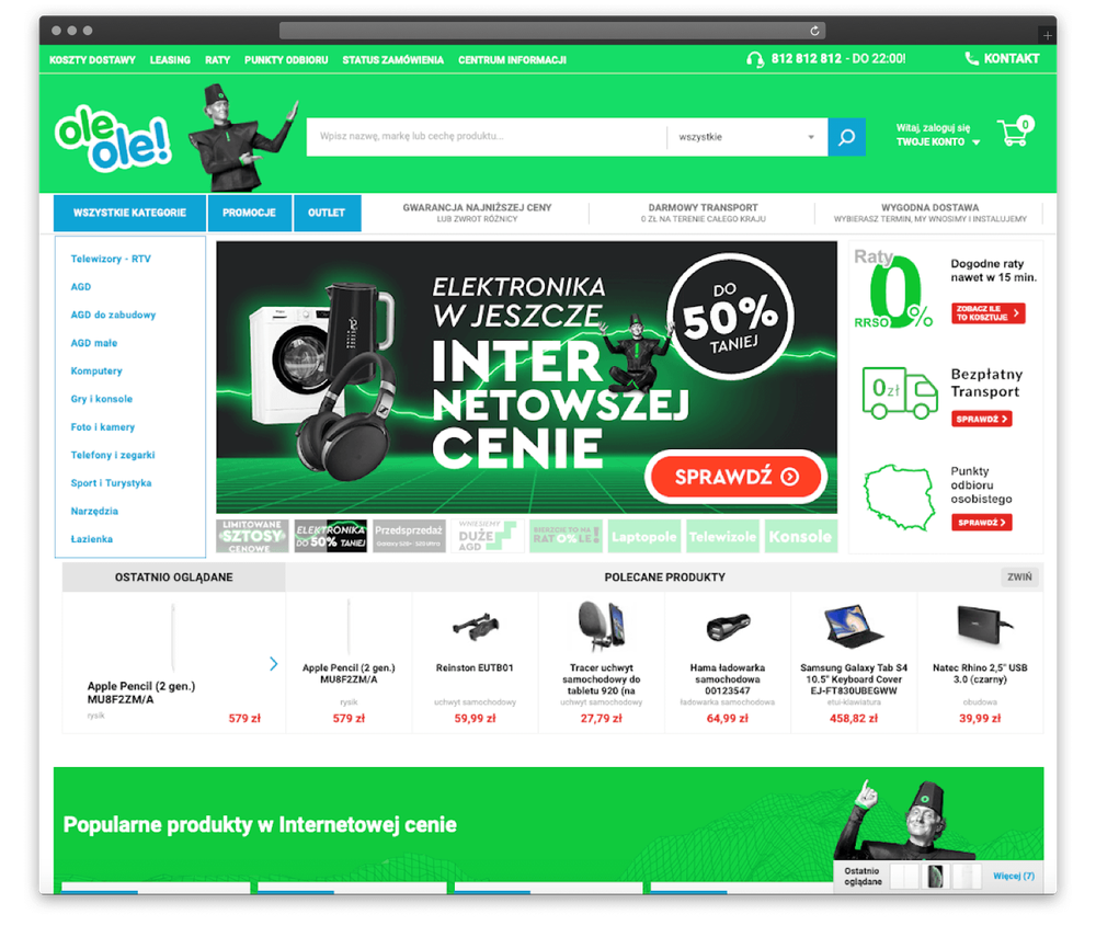 Screenshot OleOle — large electronics retailer. Navigation has low contrast, making it hard to discern the labels.